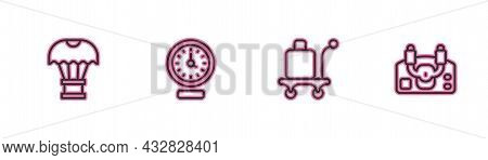 Set Line Box Flying On Parachute, Trolley Baggage, Clock And Aircraft Steering Helm Icon. Vector