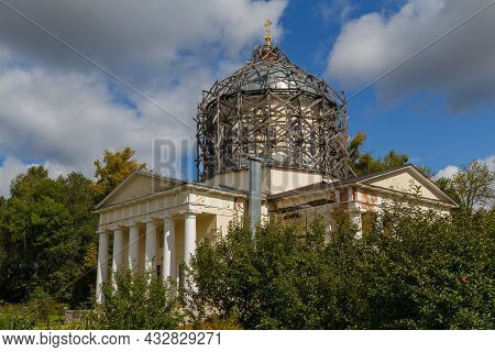 Tserkov Sreteniya Gospodnya - Russian Orthodox Church With Gray Wooden Scaffolding On Its Dome, At S