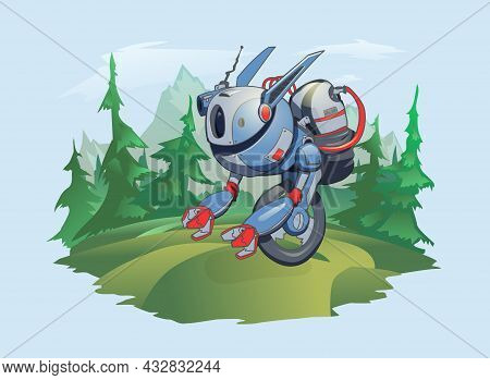 A One-wheel Robot Against The Background Of A Mountain Landscape. A Robotic Creature In The Wild Nat
