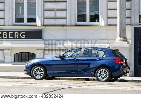 Vienna, Austria - July 28, 2021: Brand New Bmw 1 Series F20n In Blue Color On The Streets Of Vienna,