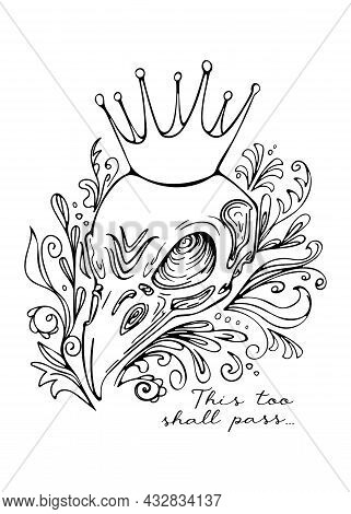 Stylish Graphic Vintage Vector Illustration For Halloween. Raven Skull In Crown, Flowers, Grass. The