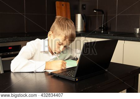 Cheerful Child Close Up During Online Lesson.
