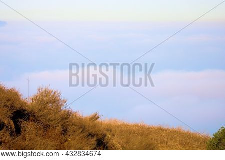 Rural Hills Covered With Chaparral Shrubs And Grasslands Overlooking Stratus Clouds And Fog Known Lo