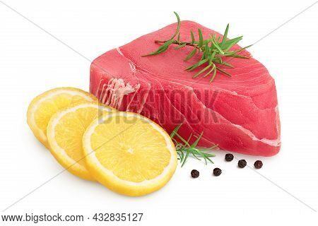 Fresh Tuna Fish Fillet Steak With Rosemary, Lemon And Peppercorns Isolated On White Background With 
