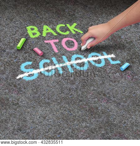 School Closure And Back To School Cancellation As A Chalk Drawing On Concrete Sidewalk With The Hand