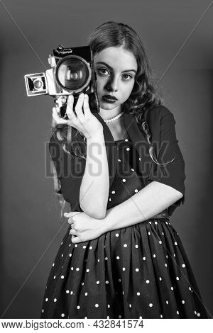 Professional Camera. Girl With Retro Camera. Capture Moments. Slr Camera. Learn Use Presets. Courses