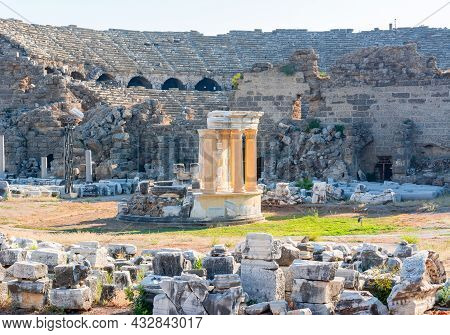 Temple Of Fortune (tyche Tapinagi) And Roman Amphitheater In Ancient Side, Turkey