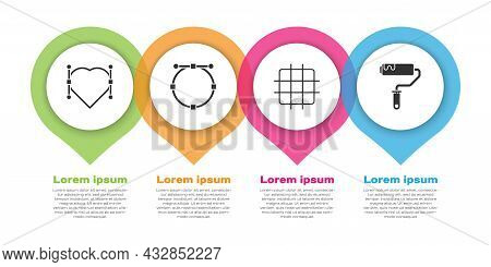 Set Heart With Bezier Curve, Circle With Bezier Curve, Grid Graph Paper And Paint Roller Brush. Busi