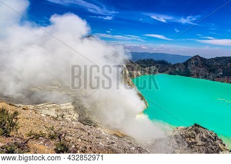 Panoramic Aerial View Crater Of Active Volcano Ijen, Java Island, Indonesia