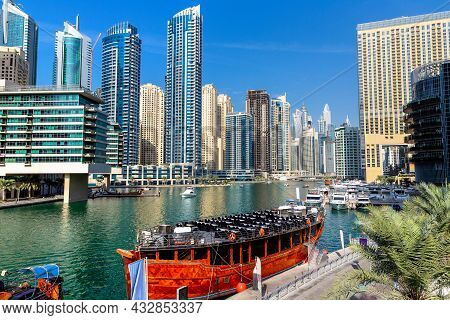 Old Wooden Ship, Dhow Cruise In Dubai Marina, Dubai, United Arab Emirates