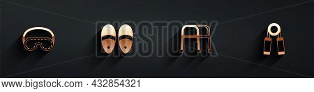 Set Eye Sleep Mask, Slippers, Walker And Sport Expander Icon With Long Shadow. Vector
