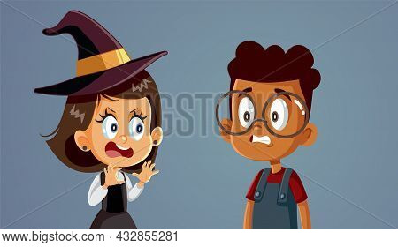 Girl In Witch Halloween Costume Scaring Her Friend Vector Cartoon