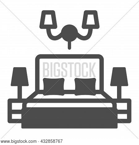 Big Bed With Pillows And Lamps Solid Icon, Interior Design Concept, Light In Bedroom Vector Sign On 