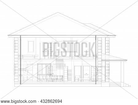 Residential Building Technical Drawing. Vector Rendering Of 3d. Wire-frame Style. The Layers Of Visi