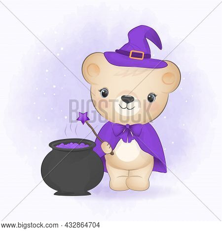 Cute Little Bear With Halloween Pot And Potion Hand Drawn Cartoon Animal Halloween Illustration