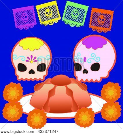 Traditional Pan De Muerto And Sugar Skulls For The Day Of The Dead