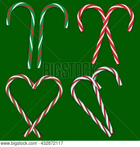 Two Green, White And Red Christmas Candy Cane Set. Holiday Winter Season. Sweet Time. Vector Illustr