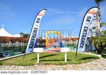 REDONDO BEACH, CALIFORNIA - 10 SEP 2021: Signs and Banners at The BeachLife Festival is the largest beach party and live music festival in Southern California.