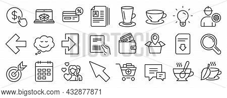 Set Of Line Icons, Such As Light Bulb, Speech Bubble, Calendar Icons. Target, Teacup, Left Arrow Sig