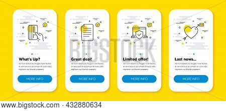 Vector Set Of Payment Card, Laptop Insurance And File Line Icons Set. Ui Phone App Screens With Line
