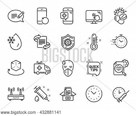 Vector Set Of Quick Tips, Timer And Touch Screen Line Icons Set. Seo Stats, Vaccination Schedule And