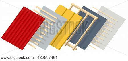 Isometric Roofing Construction. Concept Of Residential Building Under Construction. House Under Cons