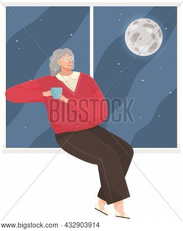 Woman Sitting On Windowsill At Home Looking Out Window At Moon, Relaxing, Dreaming, Drinking Tea In 