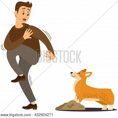 Man Frightened By Dog Suffers From Cynophobia, Human Fear Concept. Person Looking Scared At Dog Is A