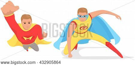 Strong Super Man Smiles And Flies To Save World Stretched Out His Hand. Brave Character In Superhero