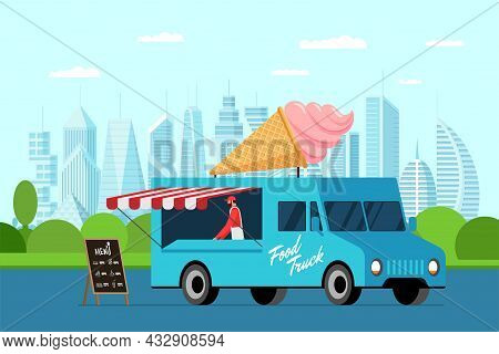Fast Food Blue Truck With Cook Outdoor In City Park. Ice Cream In Waffle Cone On Van Roof. Plombir D