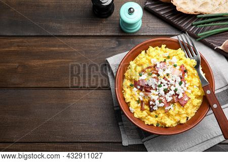Traditional Ukrainian Banosh Served With Brynza And Pork Cracklings On Wooden Table, Flat Lay. Space
