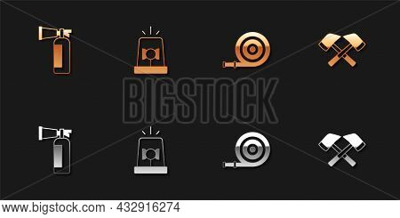Set Fire Extinguisher, Flasher Siren, Hose Reel And Firefighter Axe Icon. Vector