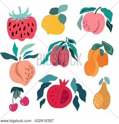 Modern Creative Fruit  Set  For  Summer Design.  Lemon, Pear, Peach, Apricot,  Plum,  Cherry, Raspbe