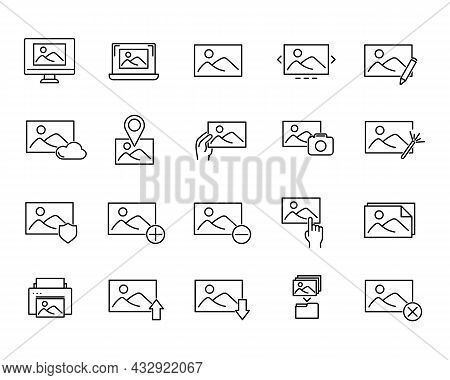 Set Of Picture Icons. Flat Pictogram For Web. Line Stroke. Simple Photo Symbol Isolated On White Bac