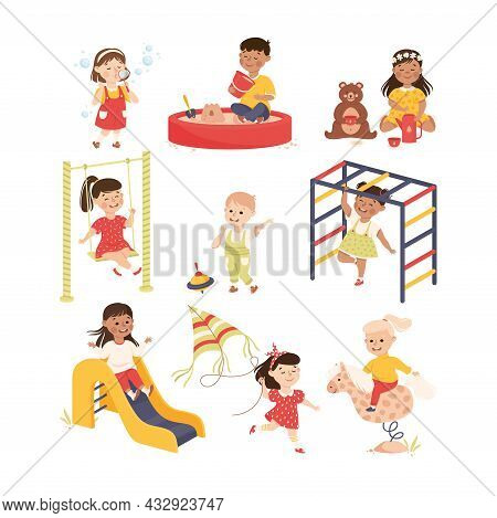 Smiling Children Playing And Having Fun Blowing Soap Bubbles, Sliding And Riding Carrousel Vector Se