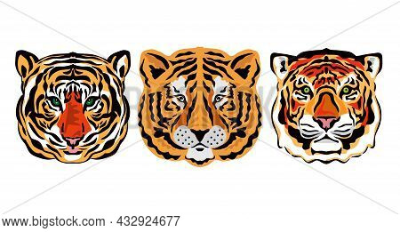 Tiger Realistic  Portrait  Head Silhouette, Beatiful Tiger- Simbol 2022 Year. Collection Vector Icon