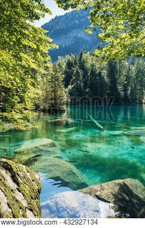 Blausee (blue Lake), Bernese Oberland, Switzerland. Nature Landscape With Crystal Clear Lake Water.