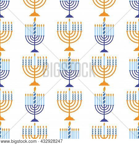 Happy Hanukkah. Jewish Holiday Hanukkah  Seamless Pattern  With  Candelabrum Hanukiya,  Wreath, Cand