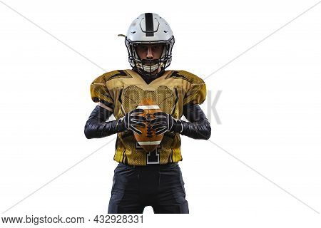 Cropped Portrait Of Professional American Football Player In Uniform With Helmet Holding Ball Isolat