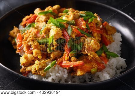 Traditional Thai Breakfast Gai Pad Pongali With Chicken, Eggs, Yellow Thai Curry Paste On Rice.