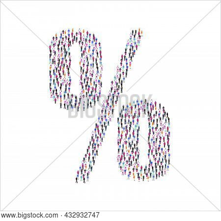 Crowd Of Flat Illustration People Forming The Percentage Symbol On White Background. Vector Illustra
