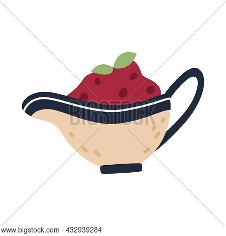 Simple Cartoon Flat Icon With Cranberry Turkey Sauce In Vintage Saucepan. Element, Clipart, Object, 