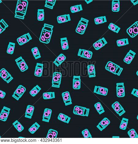 Line Jam Jar Icon Isolated Seamless Pattern On Black Background. Vector