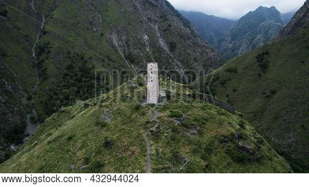 Aerial View Of The Ancient Funeral Construction Tsoy Pede, The Chechen Republic, Russia. Action. Whi