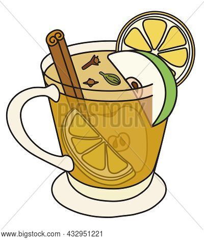 Wassail Hot Apple Cider Traditional Winter Cocktail. Stylish Hand-drawn Doodle Cartoon Style Winter 