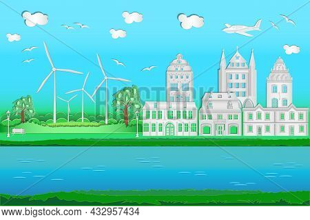 Cityscape With Origami Houses, River, Windmills, Airplane, Blue Sky And Clouds. Green Friendly And S