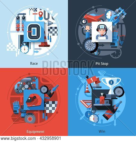 Racing Design Concept Set With Pit Stop Equipment Win Flat Icons Isolated Vector Illustration
