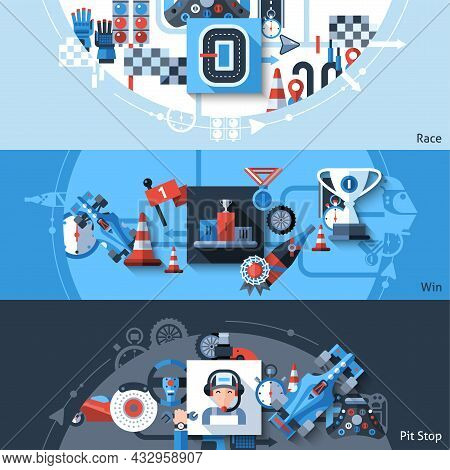 Racing Horizontal Banner Set With Win And Pit Stop Elements Isolated Vector Illustration
