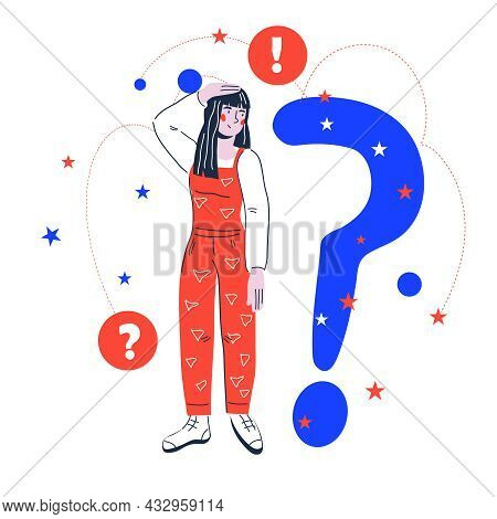 Confused Woman Has Question. Thinking Woman In Doubts, Searching Answers, Vector.