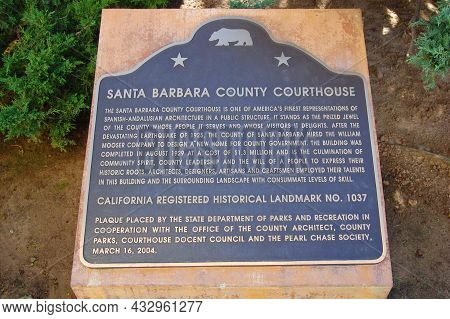 Santa Barbara, Ca, Usa - Jan. 4, 2009: Sign Of Santa Barbara County Courthouse At 1100 Anacapa Stree